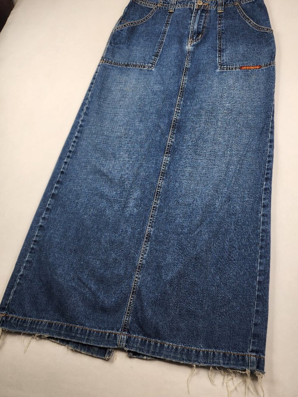 VTG Lucky Brand Dungarees Denim Cargo Maxi Skirt Made in USA Size 6 28 Y2K Fray